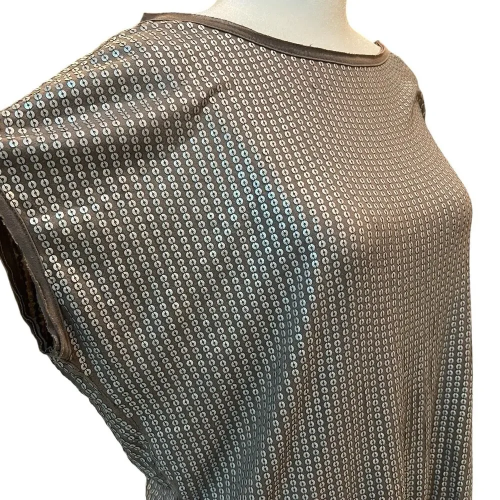 Vince Tunic Top Womens Medium Taupe Metallic Silver Sequins Short Sleeve Draped - Picture 5 of 11